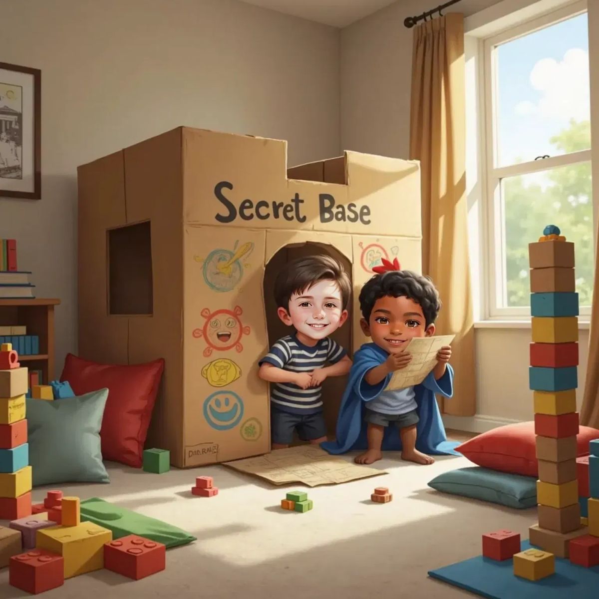 Inside a cardboard fort, Lleyton wearing a pirate hat at the front and Isaac holding a paper map, both looking excited