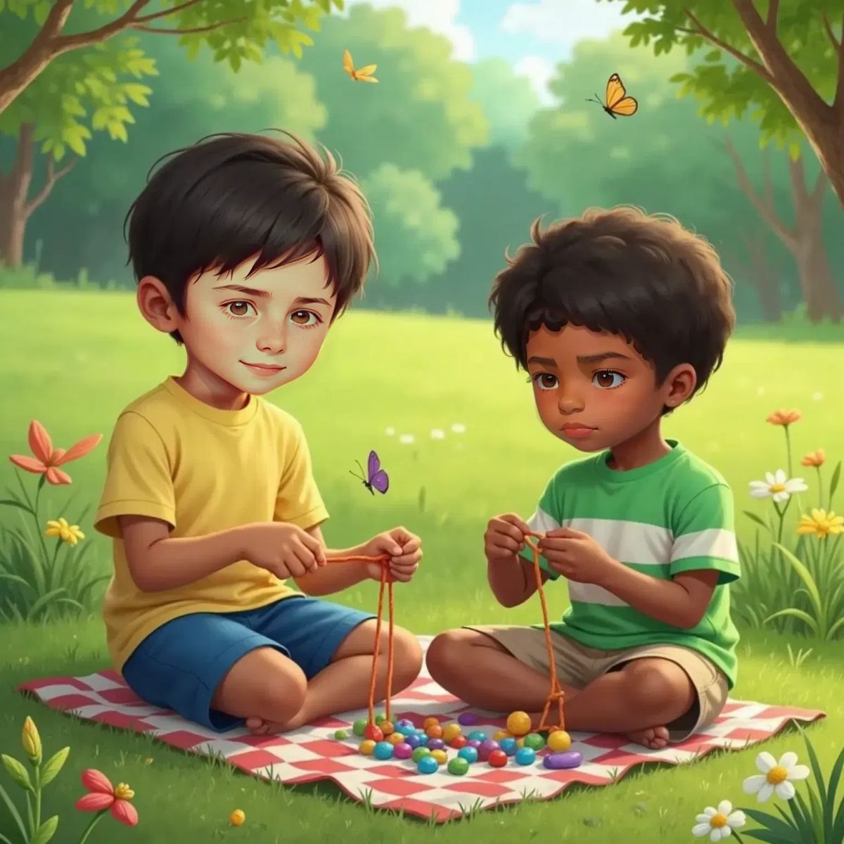 Lleyton and Isaac sitting cross-legged on the grass, threading colorful beads onto string, both focused and smiling