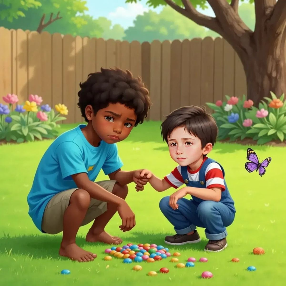 Isaac kneeling on the grass with a sad face, colorful beads scattered around him, while Lleyton crouches nearby, concerned