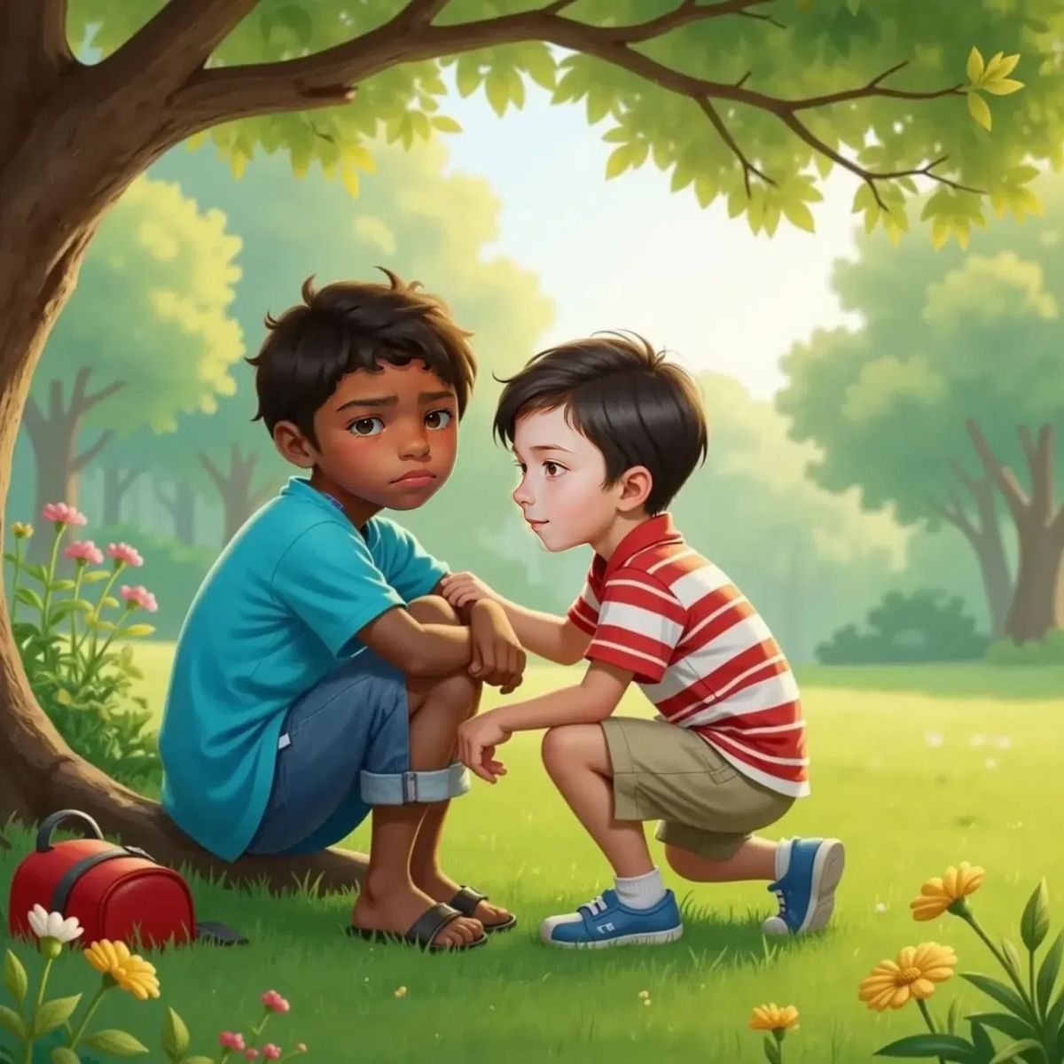 Isaac sitting with his head down, Lleyton gently patting his back, both sitting on the green grass