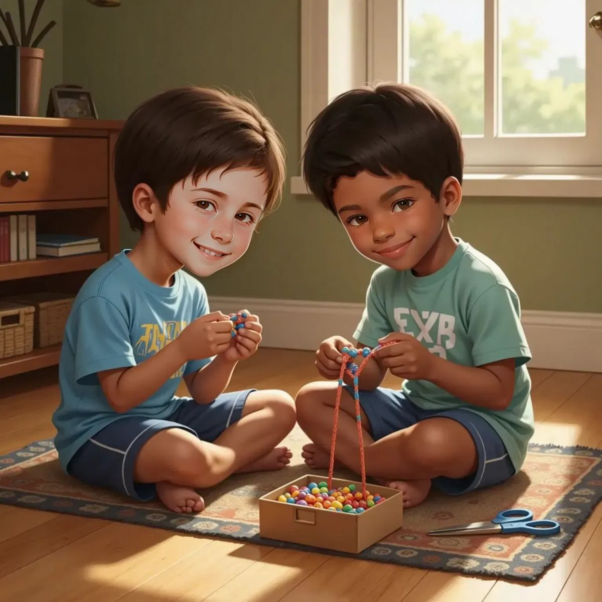 Lleyton and Isaac sitting side by side, tying a new bracelet with colorful beads, both concentrating and smiling