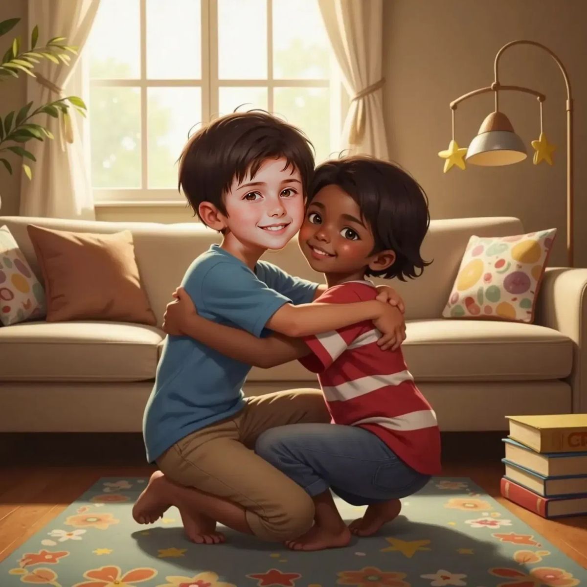 Lleyton and Isaac hugging, both with relieved and happy expressions, sitting on a cozy living room rug