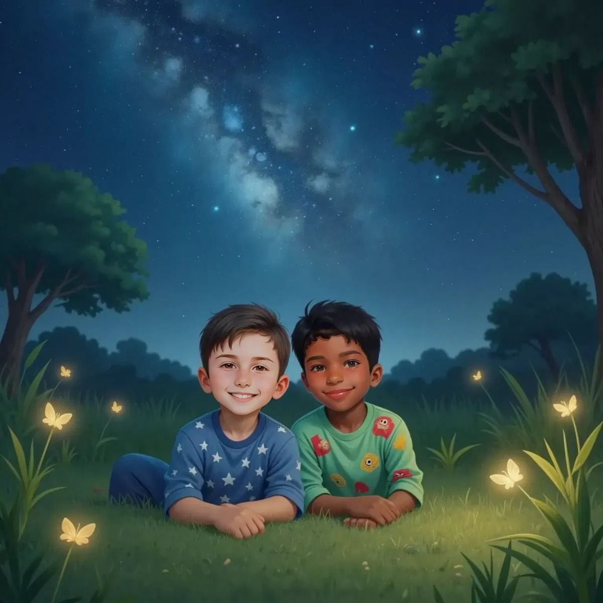 Lleyton and Isaac lying on their backs on the grass, looking up at a star-filled night sky, both smiling peacefully