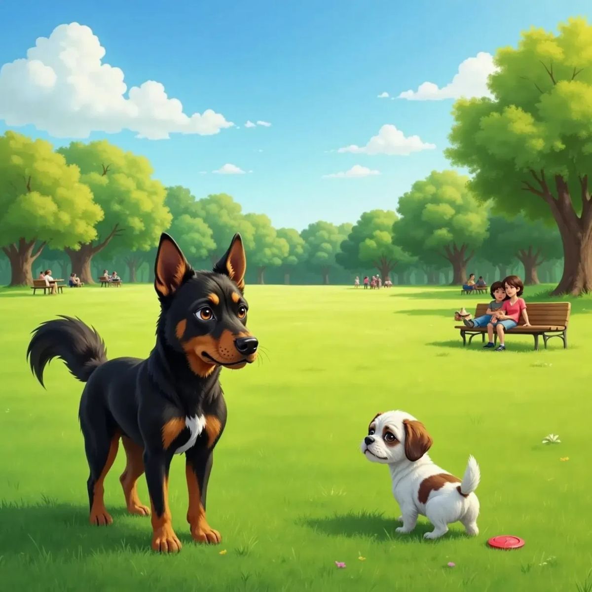 Hailee, a black and brown dog, stands alone in a large green park, looking worried.