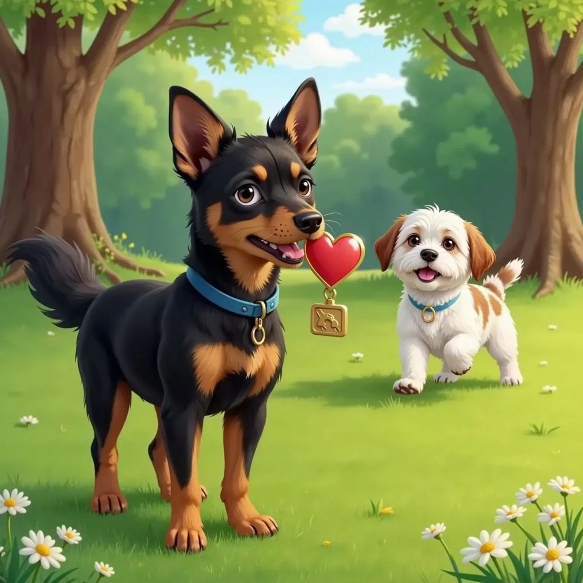 Hailee, a black and brown dog, holding a shiny keychain in her mouth. Princelee, a white dog with brown spots, is visible in the distance. Grass and park trees in the background.