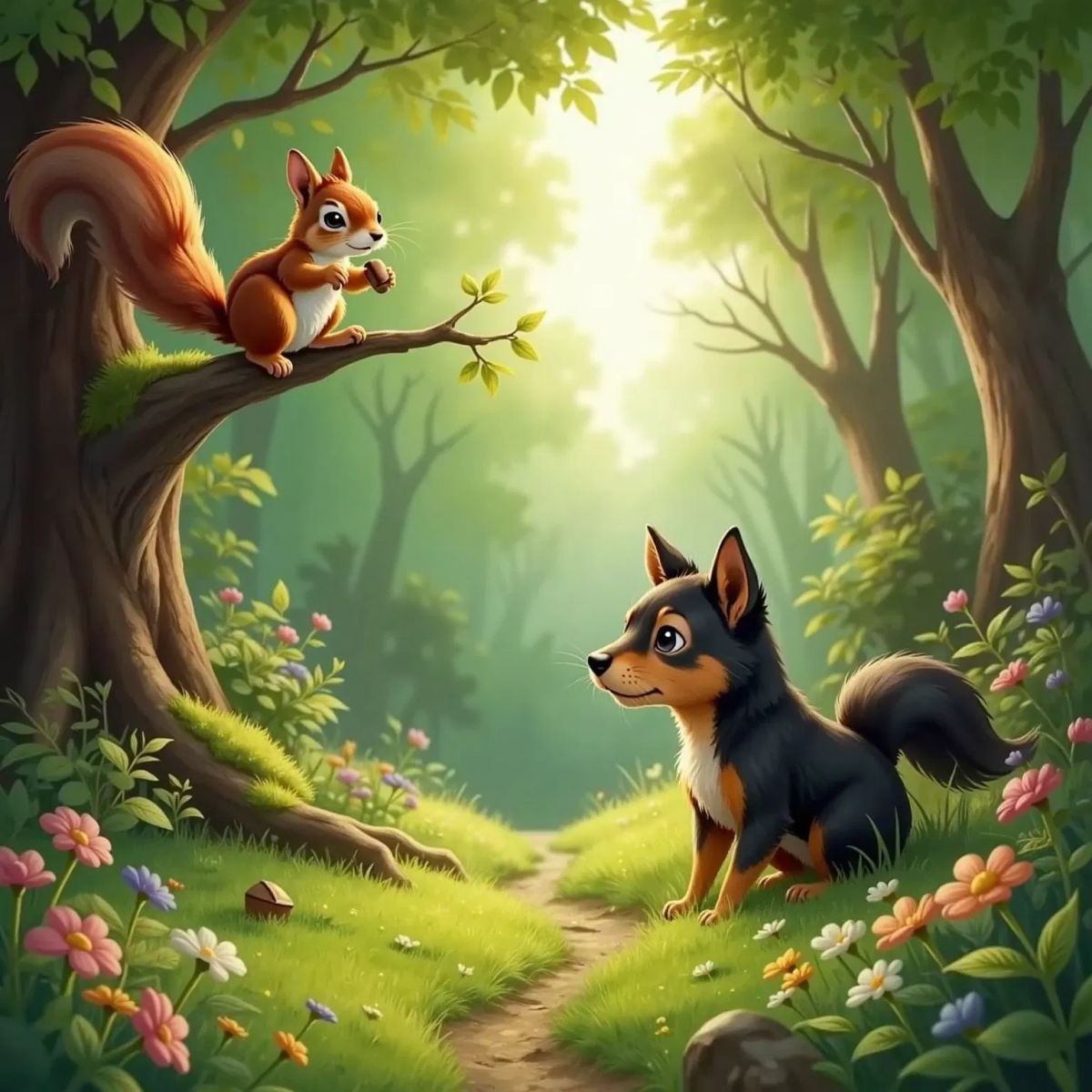 Hailee, a black and brown dog, looking up at a friendly squirrel with a bushy tail on a tree branch. A flower-lined trail and a large rock in the background.