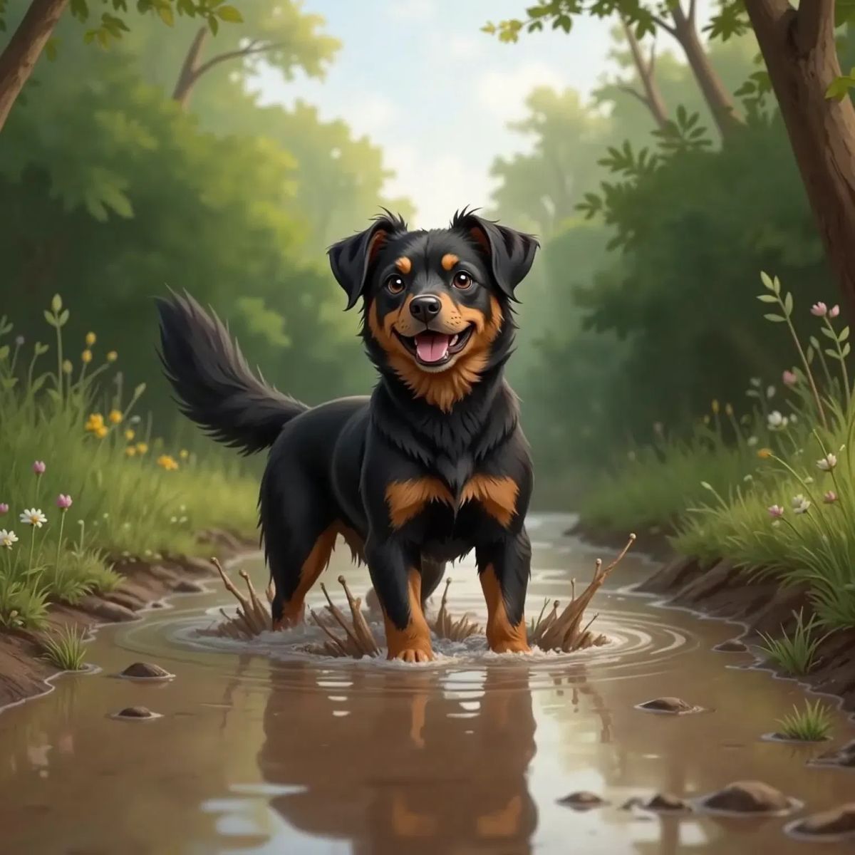 Hailee, a black and brown dog, standing in a muddy puddle with splashes on her legs, ears perked up and excited. Bushes and trees in the background.