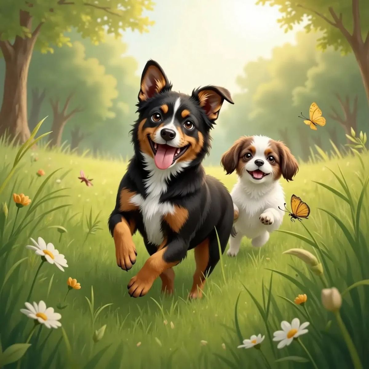 Hailee, a black and brown dog, pushing through tall grass with a joyful expression. Princelee's face, a white dog with brown spots, peeking through the grass nearby.
