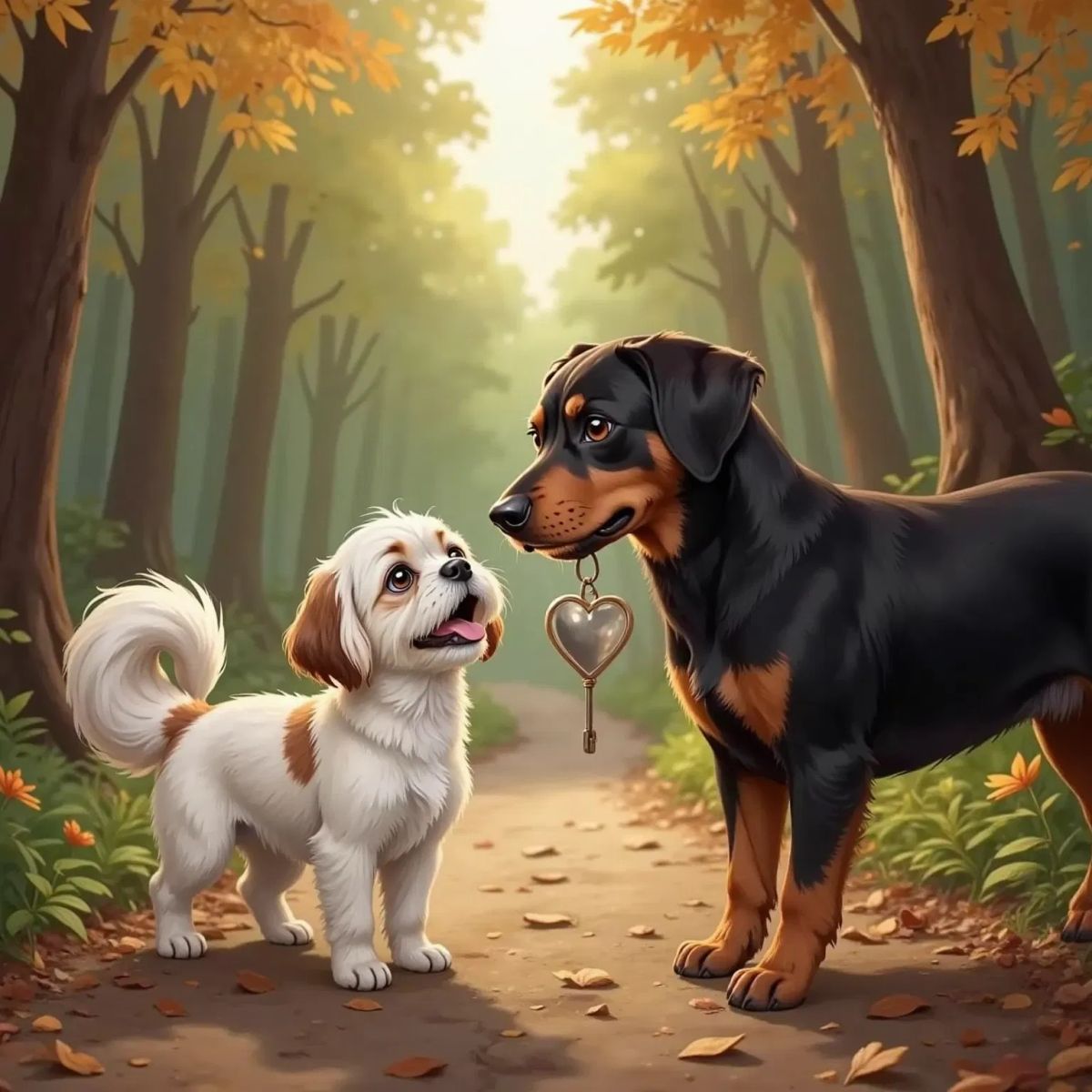 Princelee, a white dog with brown spots, tail wagging, nuzzling Hailee, a black and brown dog. Hailee proudly showing a shiny keychain. Forest path in the background.