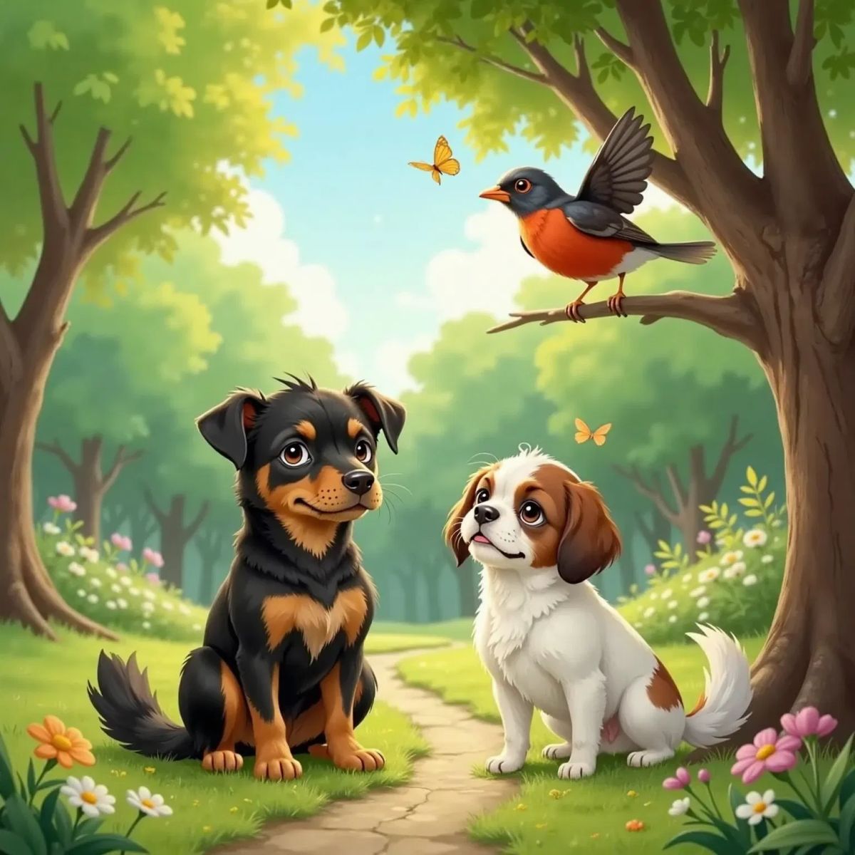 A robin with bright red chest perched on a branch, pointing with her wing. Hailee, a black and brown dog, and Princelee, a white dog with brown spots, looking up at her in a sunny park.