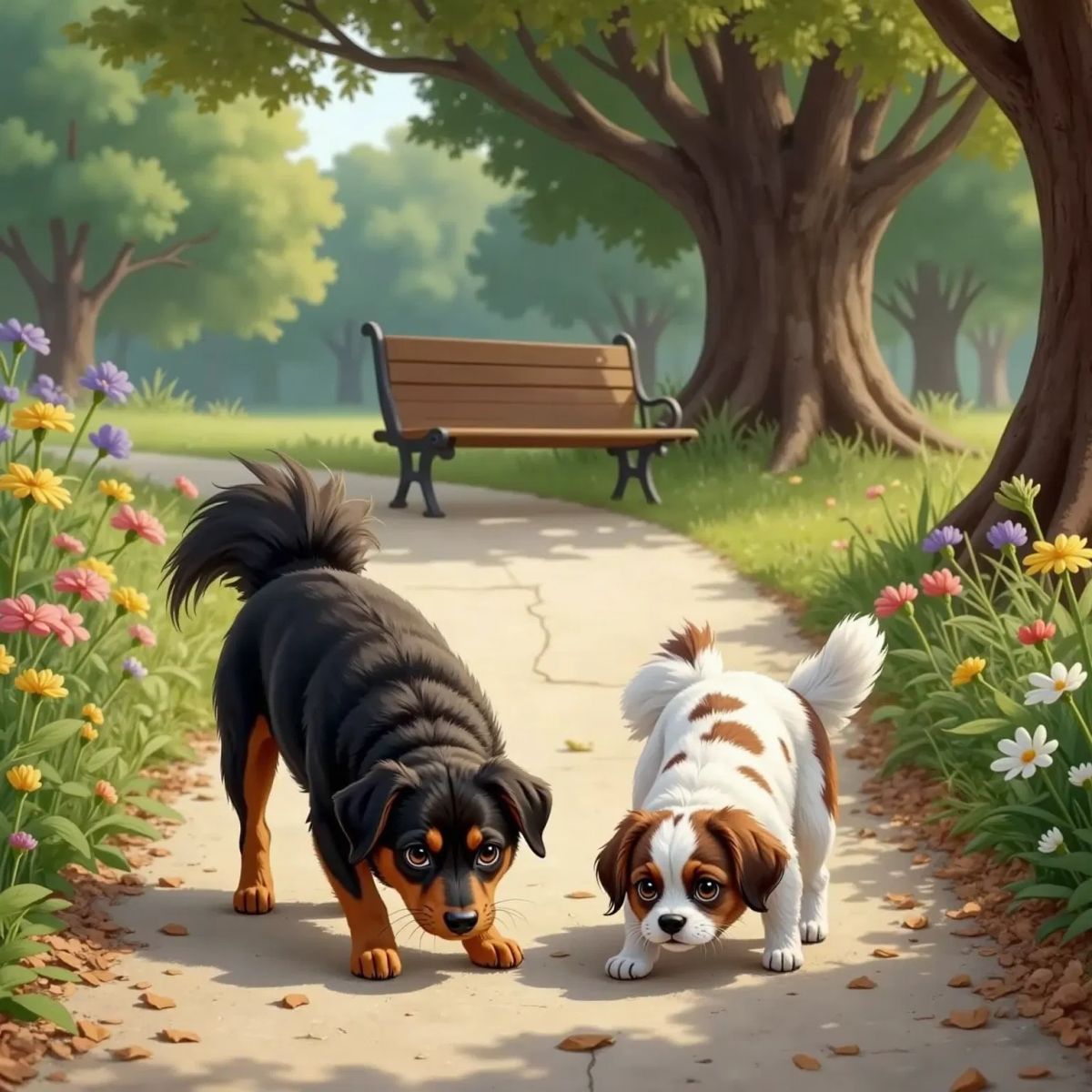 Hailee, a black and brown dog, and Princelee, a white dog with brown spots, sniffing the ground with tails wagging. Park path with bushes and flowers in the background.
