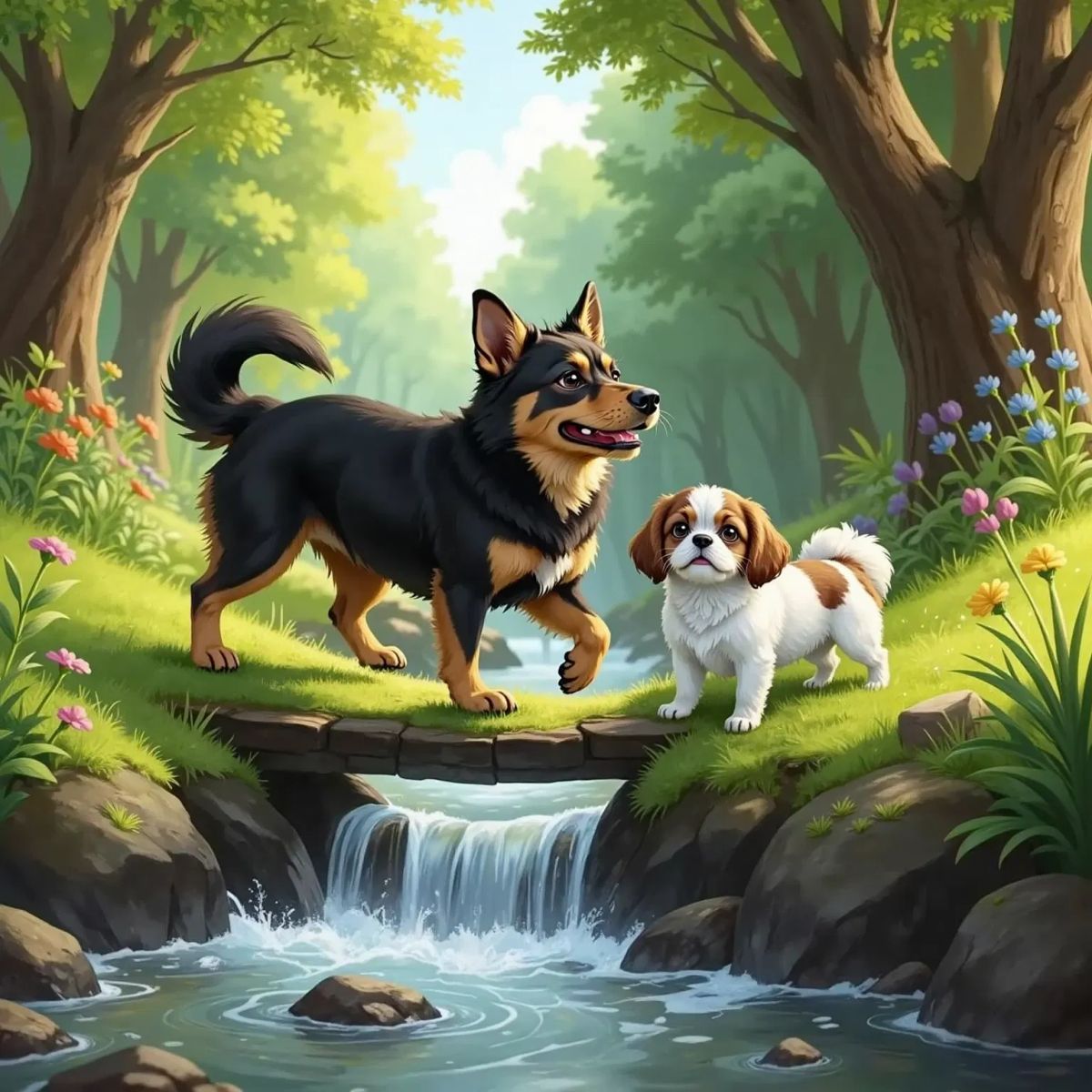 Hailee, a black and brown dog, and Princelee, a white dog with brown spots, standing on large stepping stones across a rushing stream. Trees and grass line the banks.