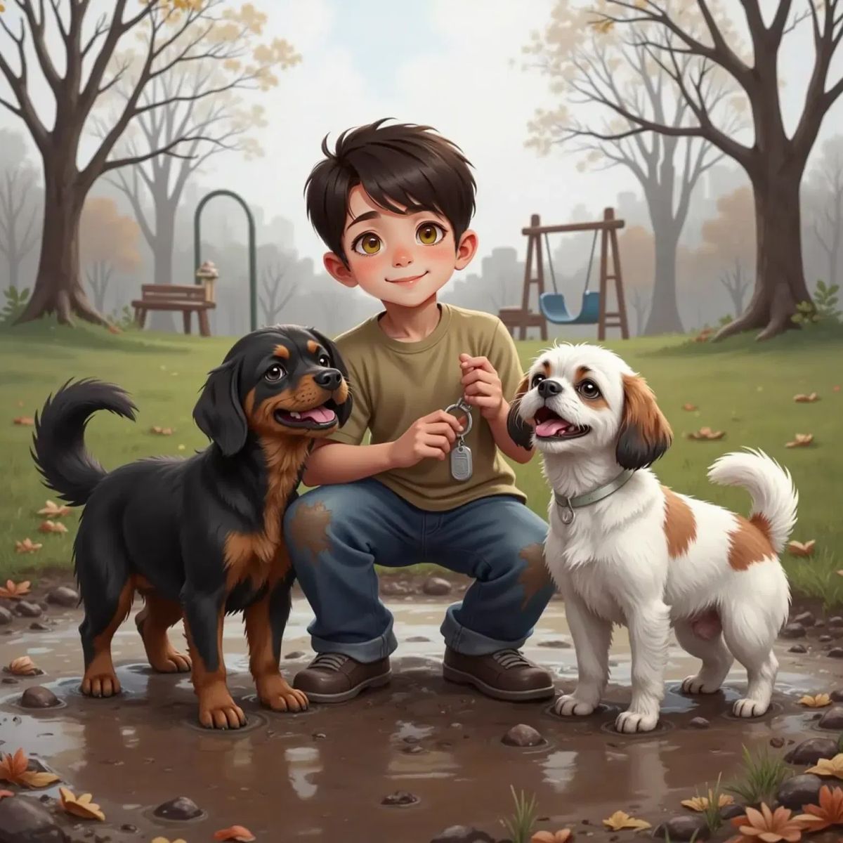 DAVID, an 11-year-old boy, hugging Hailee, a black and brown dog, and Princelee, a white dog with brown spots. All are muddy but smiling. DAVID holds a shiny keychain.
