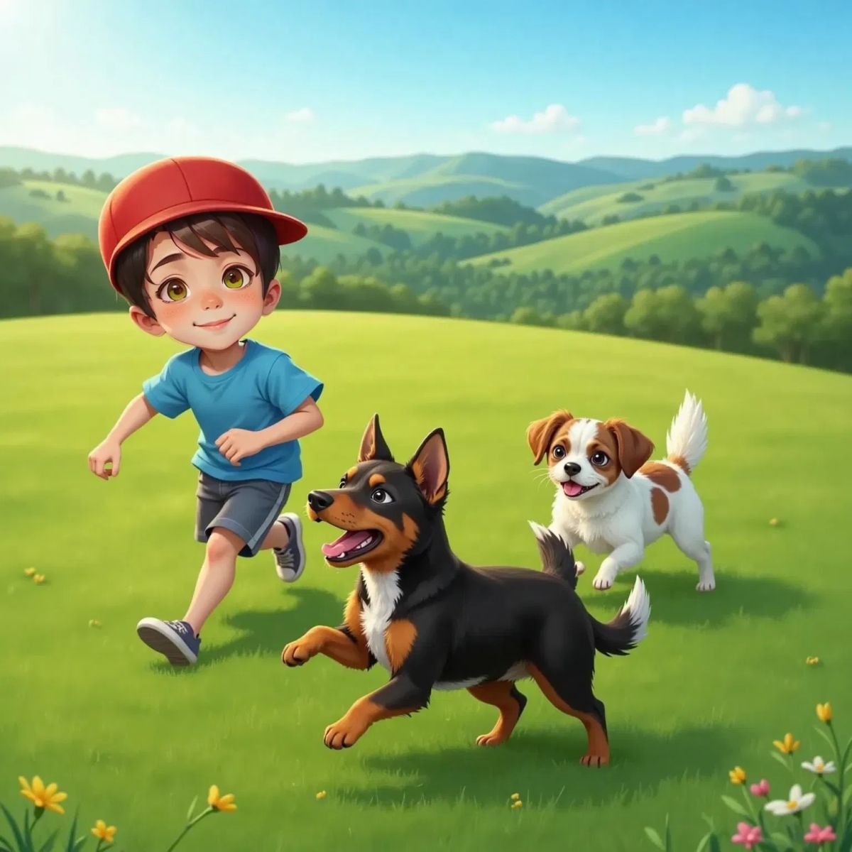 DAVID, an 11-year-old boy with a red cap, running joyfully down a grassy hill toward Hailee, a black and brown dog, and Princelee, a white dog with brown spots. All three are smiling.