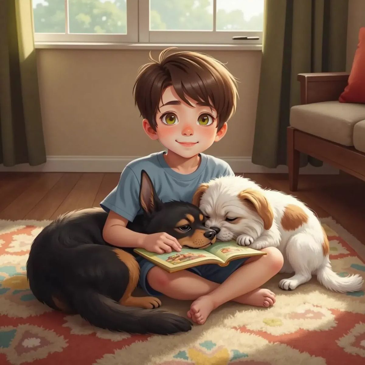 Hailee, a black and brown dog, and Princelee, a white dog with brown spots, curled up together on a soft rug at home. DAVID, an 11-year-old boy, sits beside them reading a book. Everyone looks peaceful and content.