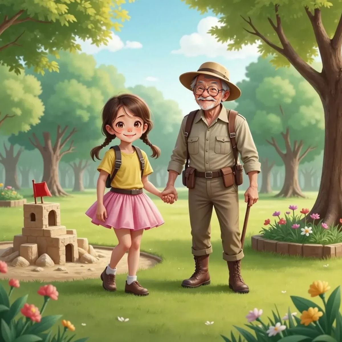 Ella, a cheerful 5-year-old girl with brown pigtails, and Grandpa, an elderly man with white hair and glasses, holding hands and smiling in a sunny park. Sandcastles and a toy ship in a sandbox nearby.