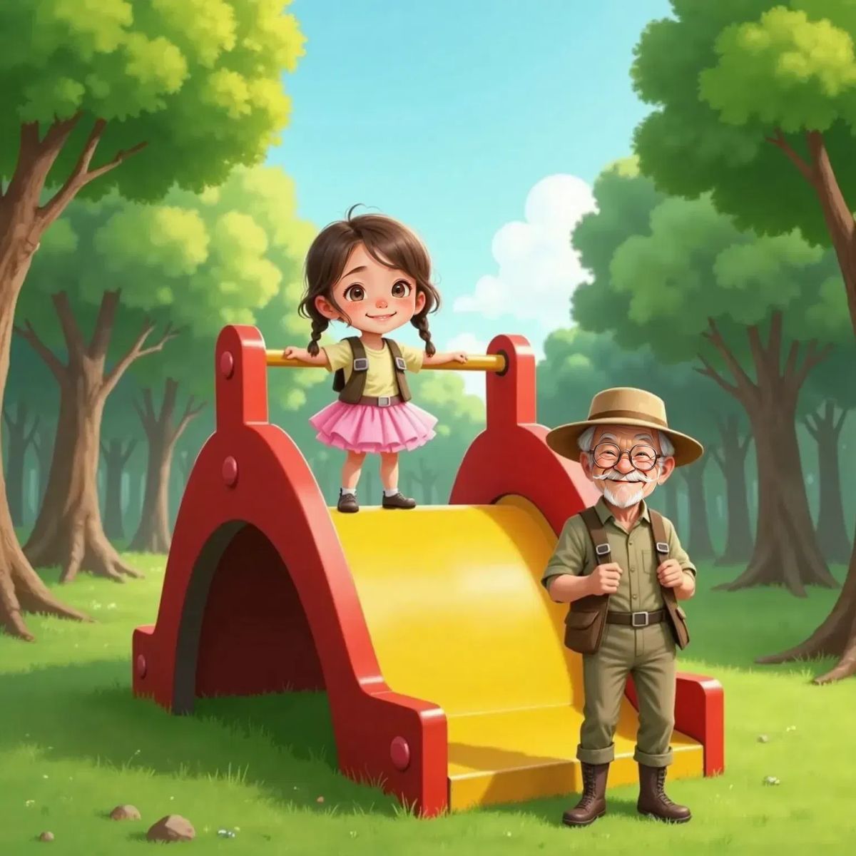 Ella, laughing with delight, sits at the top of a playground slide. Grandpa, smiling warmly, stands at the bottom, ready to catch her.