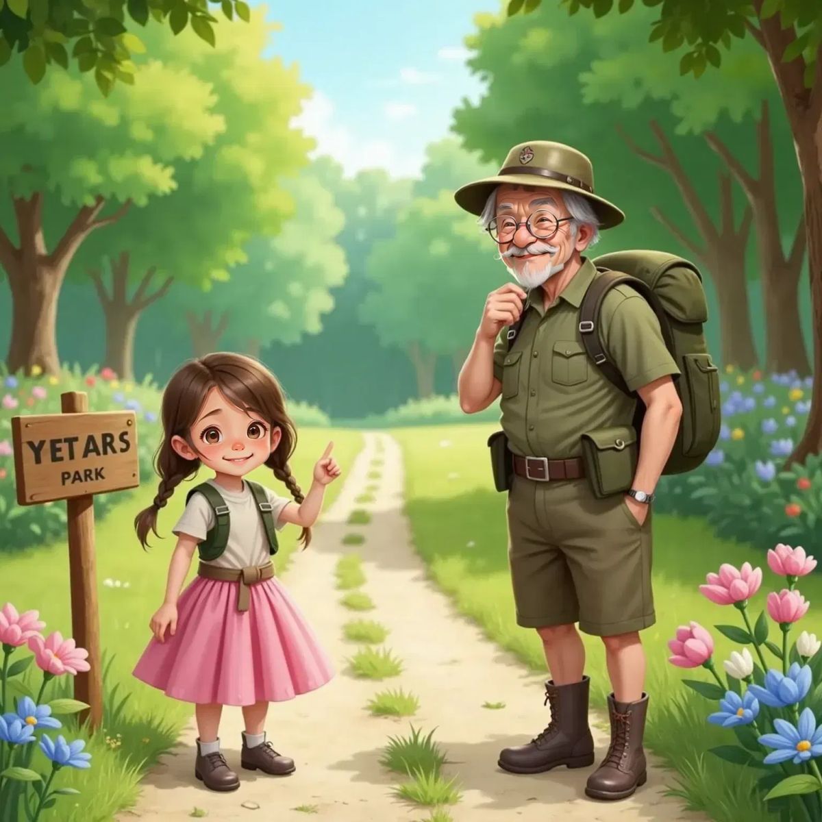 Grandpa, looking thoughtful, stands at a forked park path. Ella, smiling and pointing, stands beside colorful pink and blue flowers lining the path.