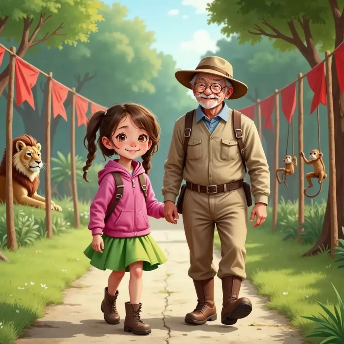 Grandpa and Ella skipping along a zoo path lined with red flags. Lions and monkeys visible in enclosures nearby. Ella grinning widely, Grandpa looking relieved and happy.