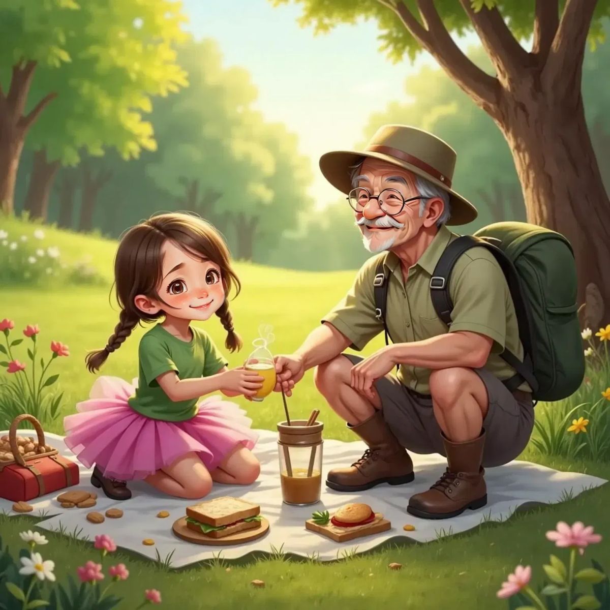 Ella and Grandpa sitting on a picnic blanket in the sun, each holding a cup. Ella is smiling and handing a cup to Grandpa, who looks amused. An open peanut butter jar and sandwiches on the blanket.