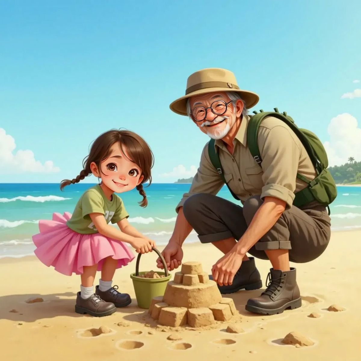 Ella scooping sand with a bucket at the beach, smiling. Grandpa, with rolled-up pants, kneels beside her, beginning to build a new sandcastle. Waves and footprints in the sand.