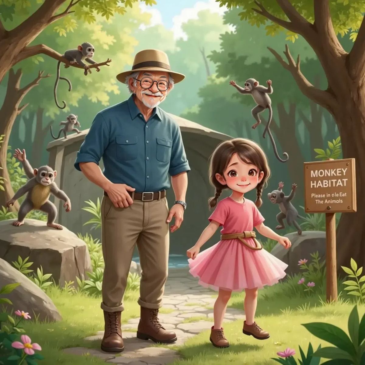 Grandpa humming with a gentle smile near the monkey enclosure. Ella, joyful, dances and spins beside him. Monkeys visible in the background.