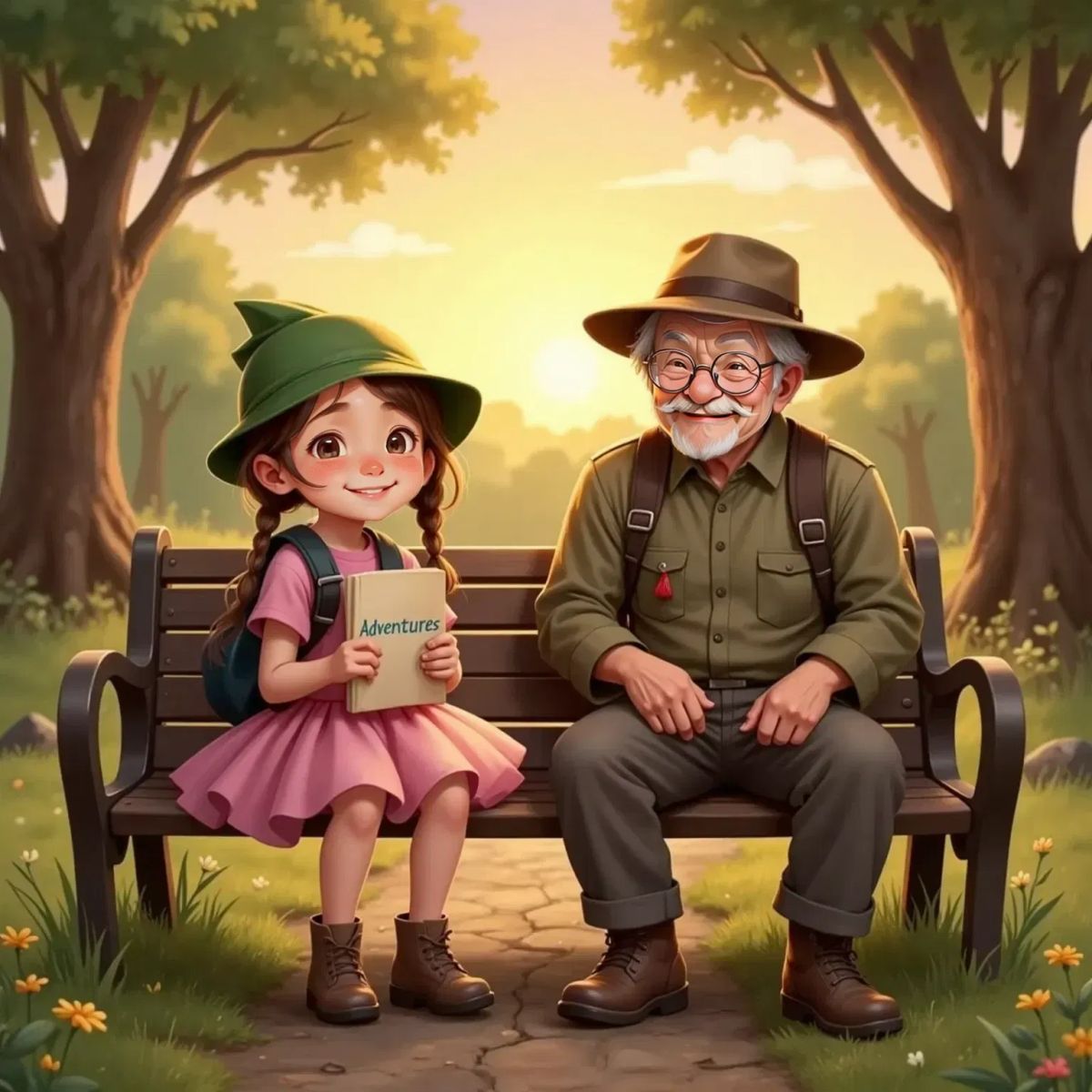 Grandpa, looking puzzled, sits with Ella on a park bench at sunset. Ella grins and holds up a notebook, ready to tell a new story. Trees and orange sky in the background.