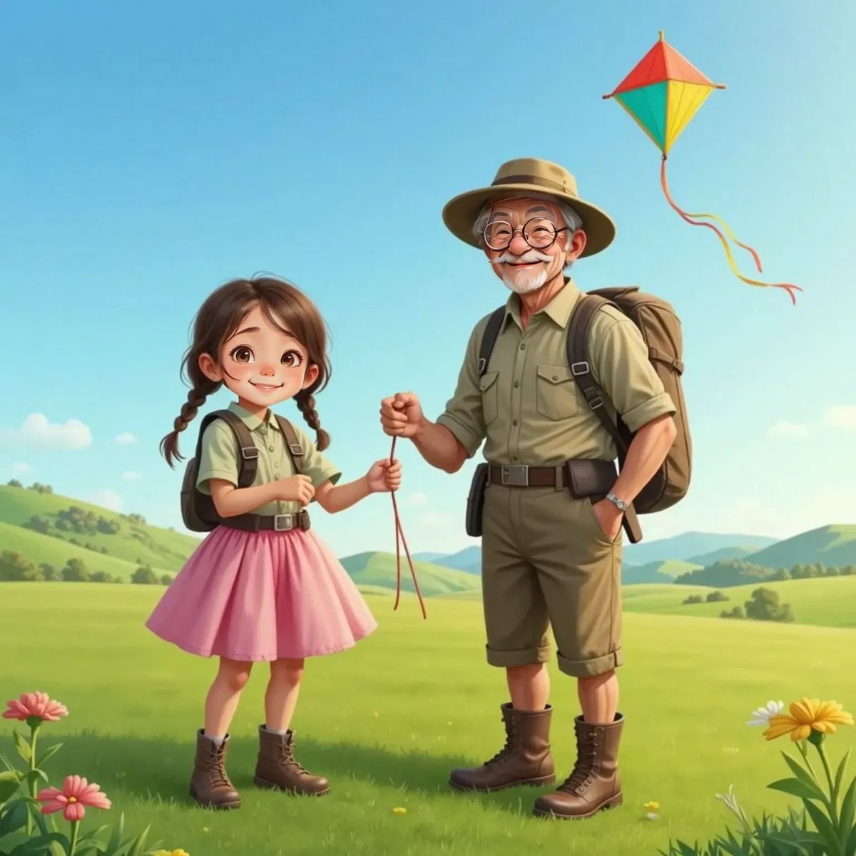 A bright kite soaring in the sky. Ella, focused, ties the string while Grandpa, smiling proudly, holds the kite spool. Open grassy field beneath them.