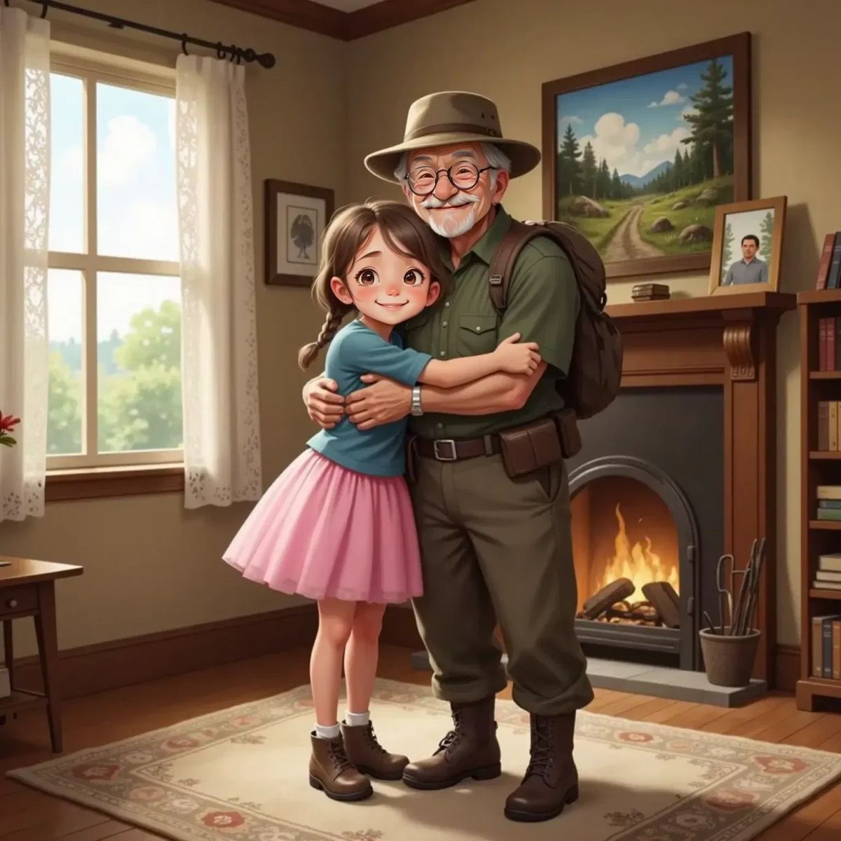 Ella hugging Grandpa tightly with a reassuring smile. Grandpa, emotional but comforted, wraps an arm around her. Cozy living room with family photos in the background.