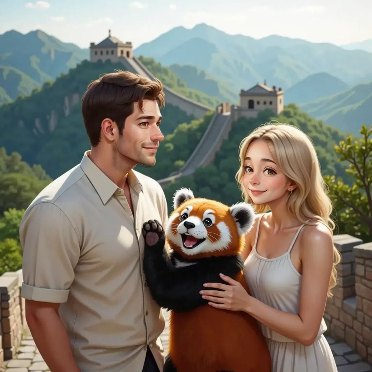A happy panda with a big smile and Sally the orange and white striped cat rubbing her head on the panda's paw. Dad and Mom standing nearby, smiling. The Great Wall of China visible in the background.