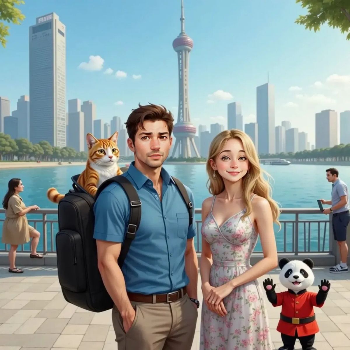 Mom, Dad, and Sally the orange and white striped cat standing by the Yangtze River promenade in Shanghai. Sally is nestled in Dad's backpack, yawning. A smiling friendly panda waves at Sally. Modern Shanghai skyline in the background.