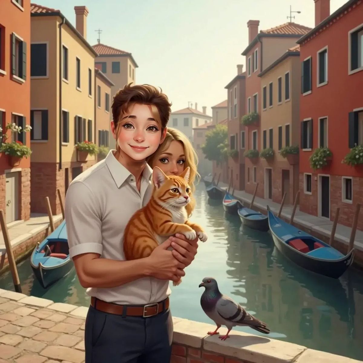 Mom hugging Sally the orange and white striped cat gently, both smiling. Dad stands beside them, smiling at the fluffy grey pigeon perched nearby. A cozy Venetian canal setting in the background.