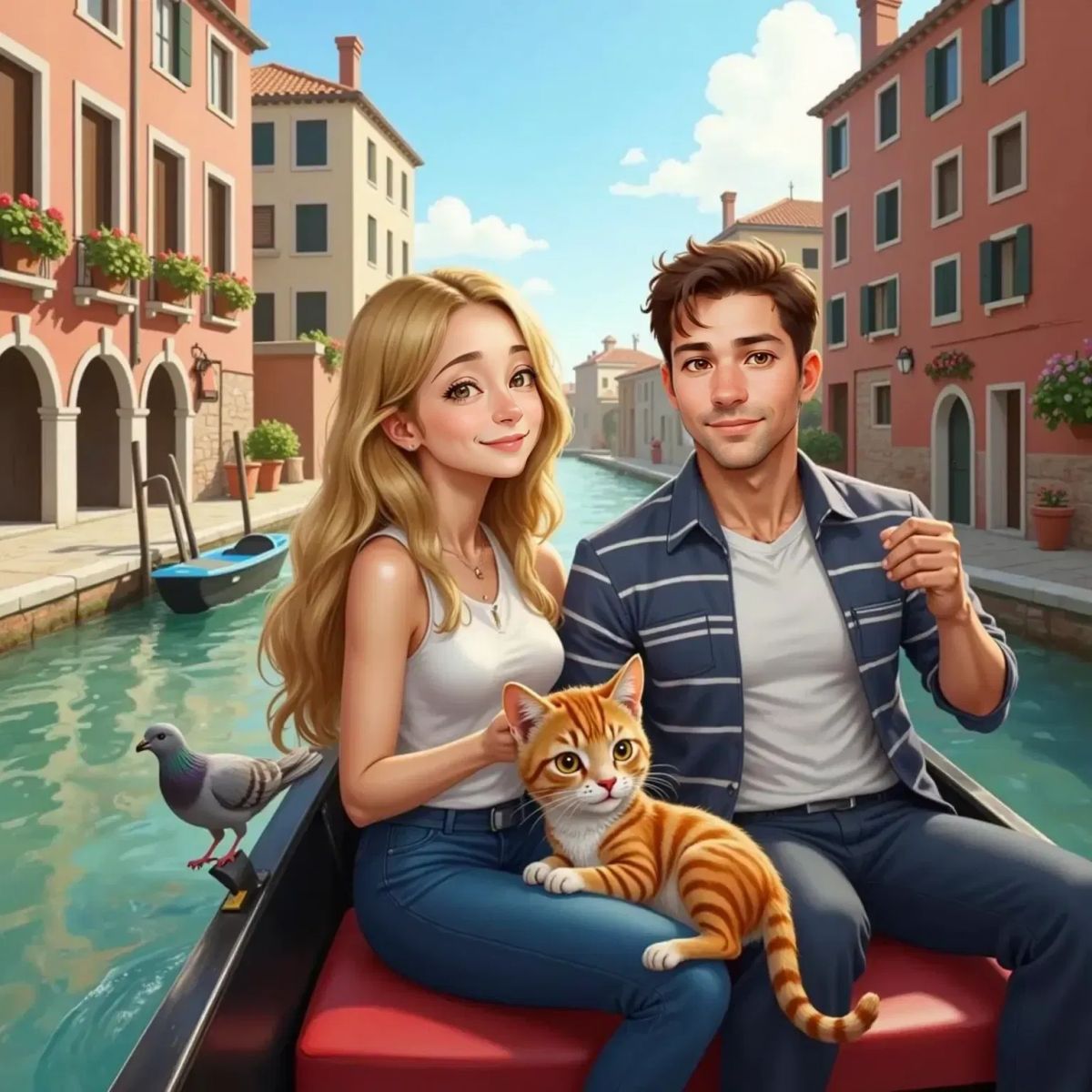 Mom and Dad riding in a gondola on a Venetian canal, with Sally the orange and white striped cat peeking curiously over the side. A fluffy grey pigeon flutters nearby, with colorful Venetian buildings in the background.