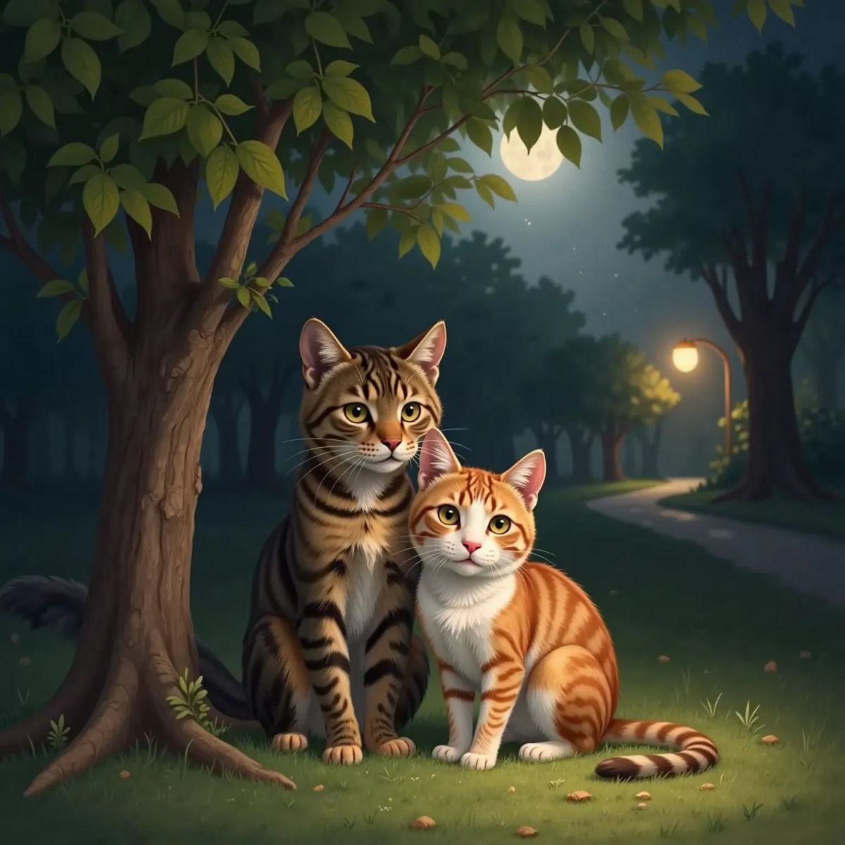 Rippy and Sunny huddled together under a bush at night, looking tired and a little sad. The moon glows above them, casting a gentle light.