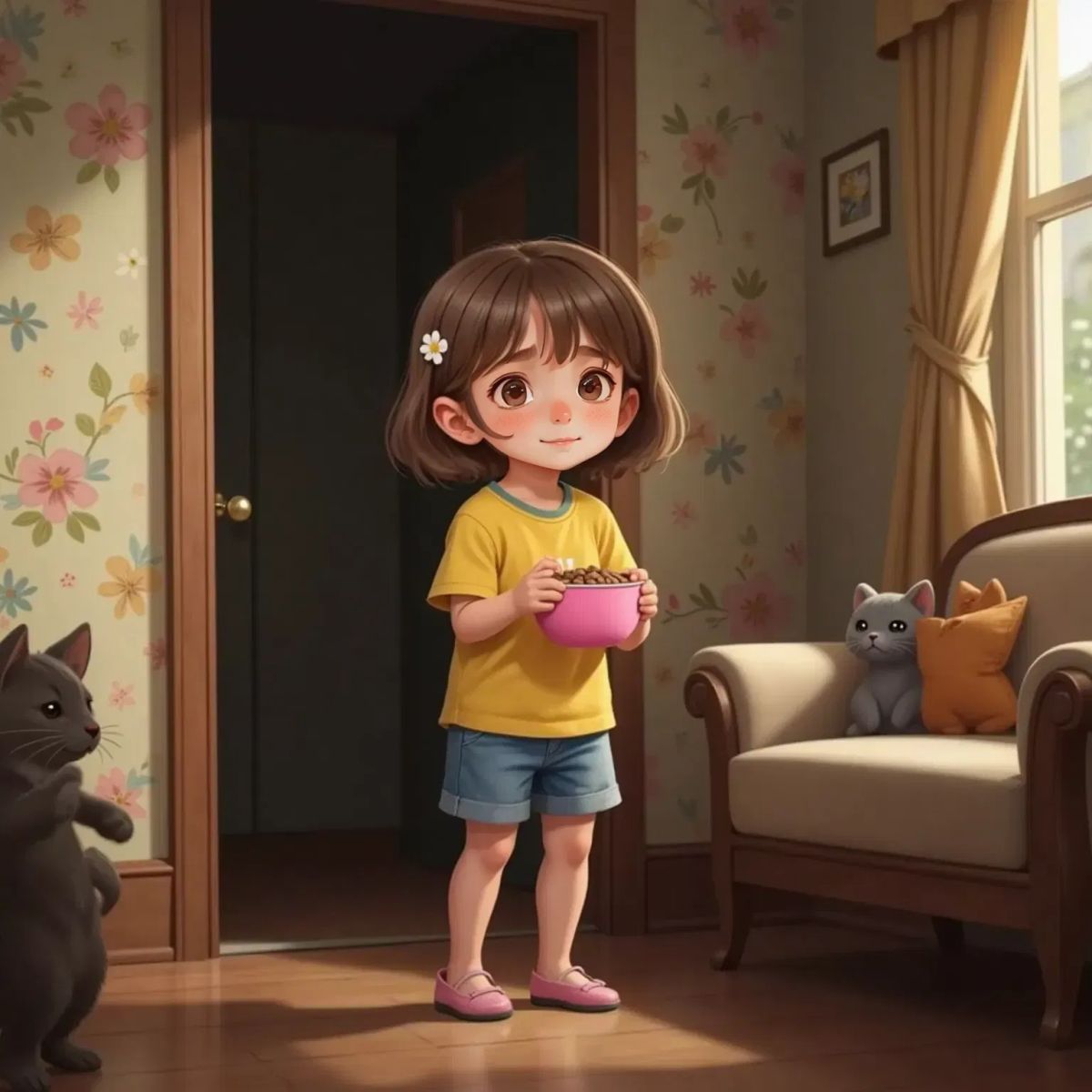 Lisa, a 6yo girl with brown hair, searching a quiet, dimly lit house with a worried expression. She holds a cat food bowl and looks around hopefully.