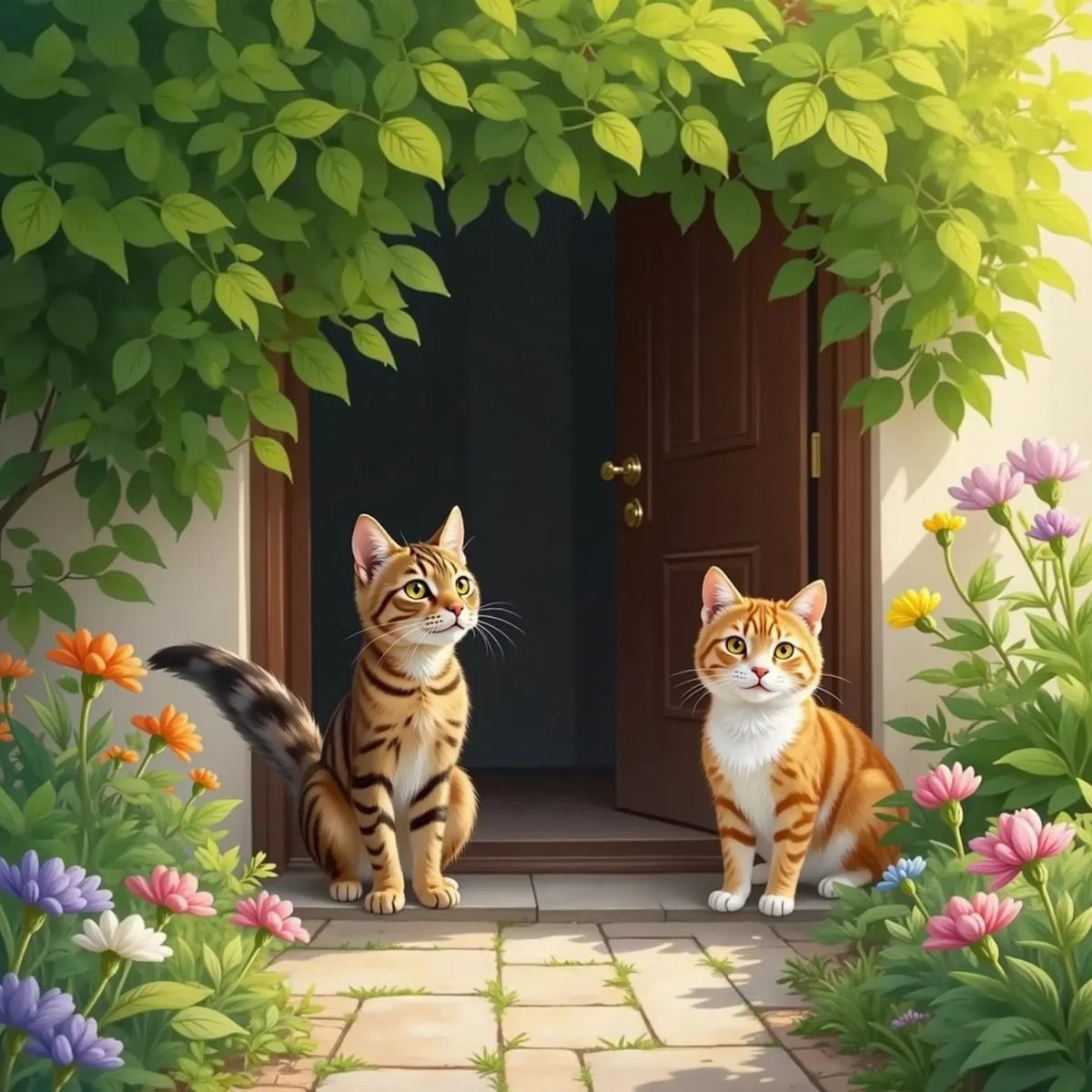Rippy, the brown-striped cat, and Sunny, the orange and white cat, peeking out from under a bush in the garden. The house door is open, and warm light spills outside.