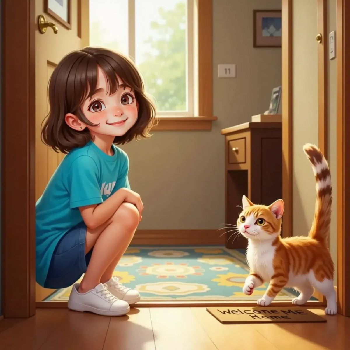Lisa, a 6yo girl with brown hair, kneeling by the open door with open arms and a relieved, joyful expression. Rippy and Sunny run toward her, looking happy.