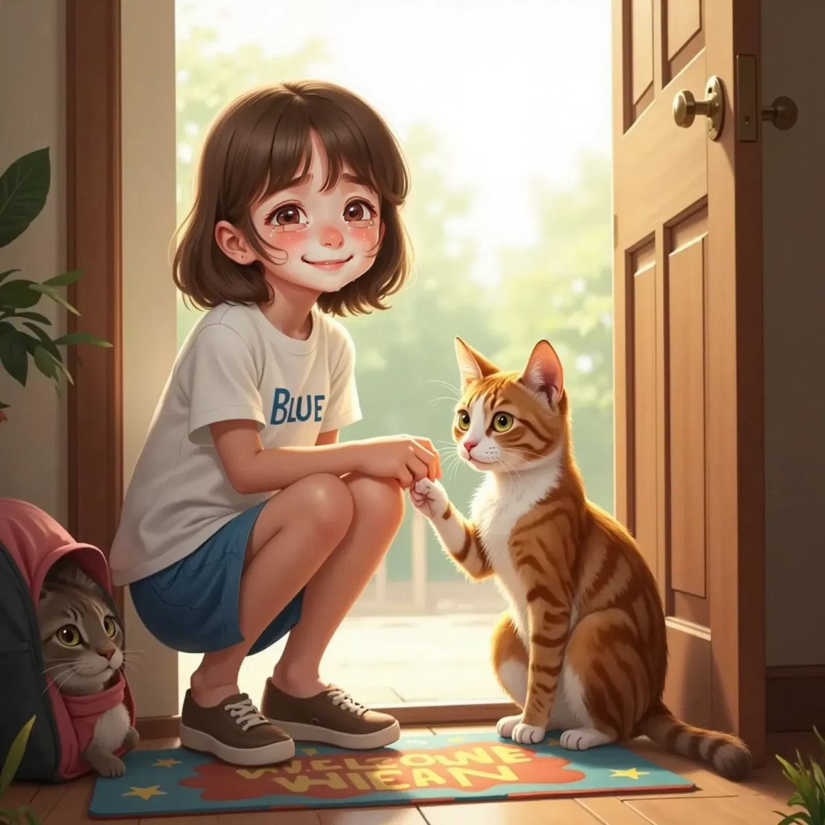 Lisa, a 6yo girl with brown hair, gently petting Rippy and Sunny by the door. Lisa smiles with a tear on her cheek, Sunny nuzzles her hand, and Rippy looks content.