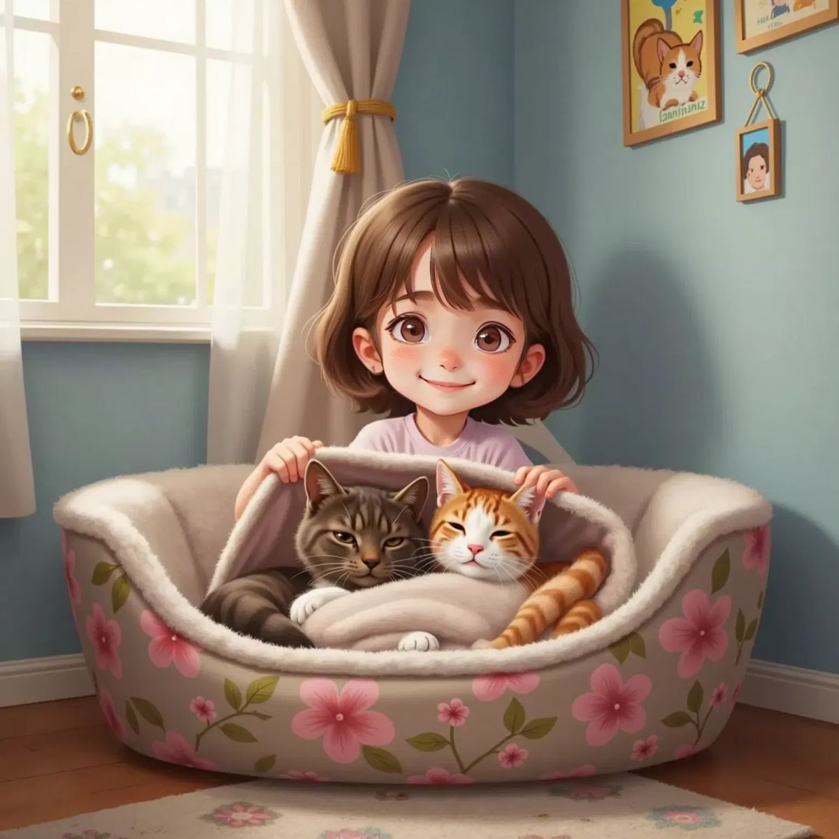 Rippy, the brown-striped cat, and Sunny, the orange and white cat, curled up together in a cozy cat bed. Lisa, a 6yo girl with brown hair, tucks them in and smiles lovingly. The room feels warm and safe.
