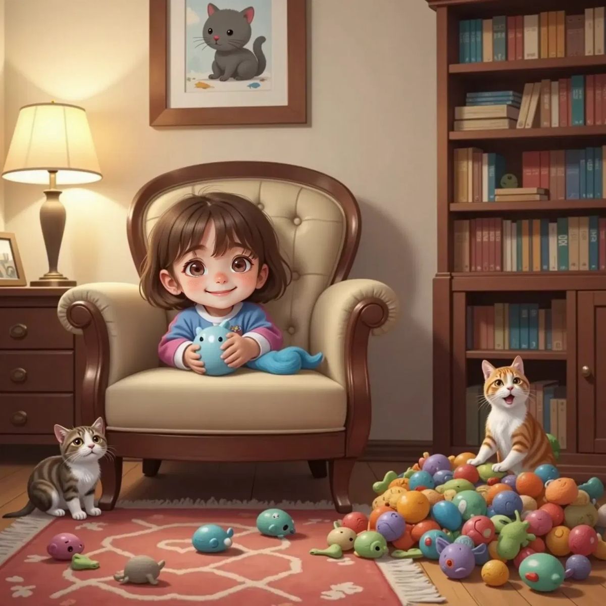 Rippy, a brown cat with black stripes, and Sunny, a cat with orange and white fur, peeking nervously at Lisa, a 6yo girl with brown hair, playing near a pile of cat toys in a cozy living room.