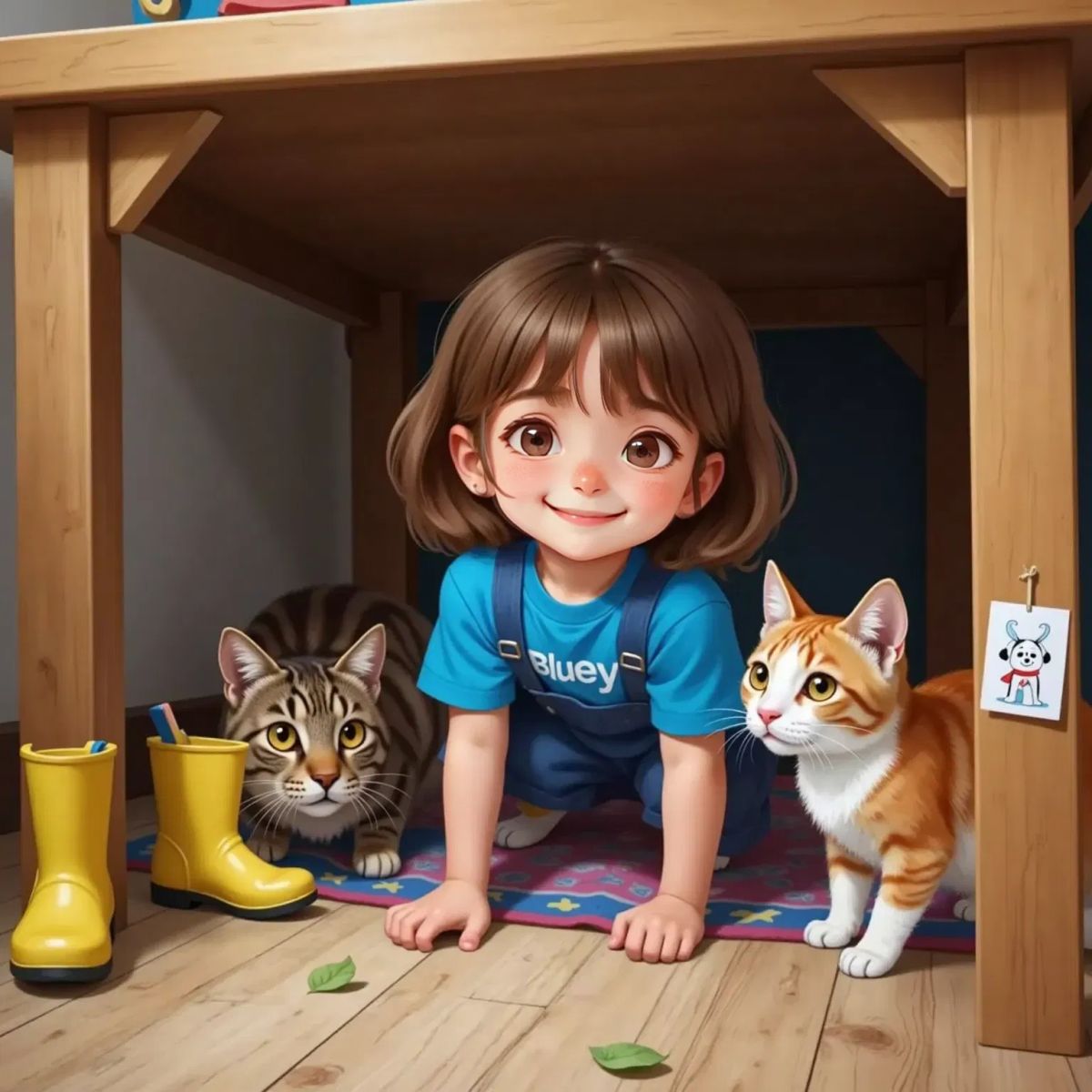 Rippy, the brown-striped cat, and Sunny, the orange and white cat, crouched together under a wooden table, looking anxious. Lisa, a 6yo girl with brown hair, smiles and tries to crawl under with them.