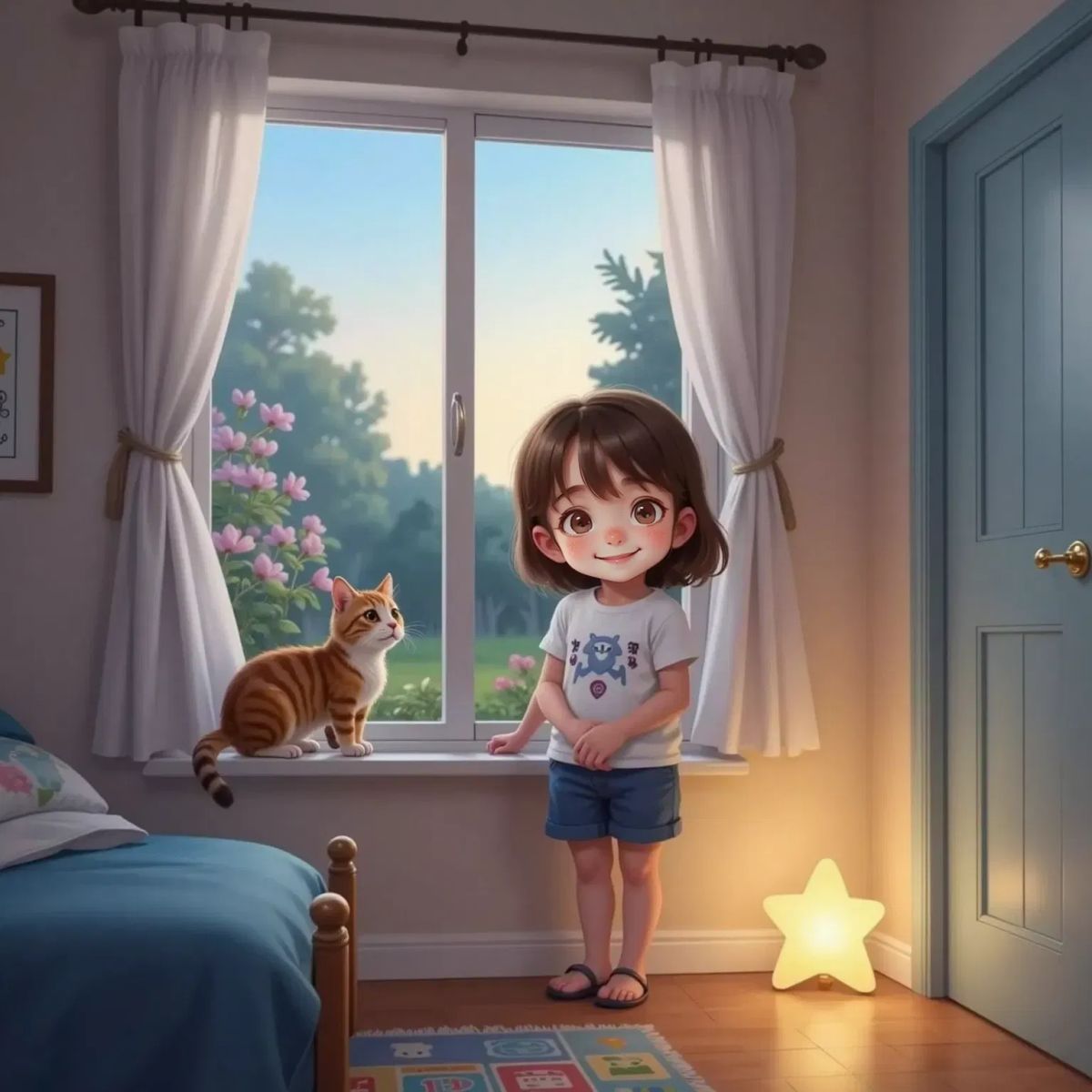 Rippy, the brown-striped cat, and Sunny, the orange and white cat, perched on a windowsill with the window slightly open. Lisa's bedroom door is visible in the background. The garden outside is dark and inviting.