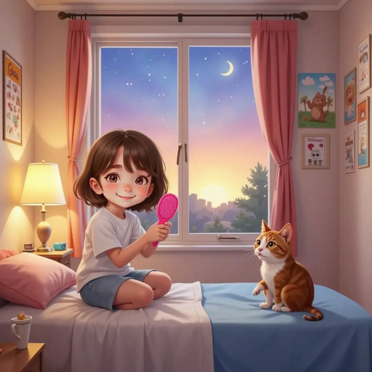 Rippy watching Lisa, a 6yo girl with brown hair, brush her hair in a softly lit bedroom. Sunny, the orange and white cat, sits beside Rippy. The sunset casts orange light on the walls, and the moon is visible through the window.