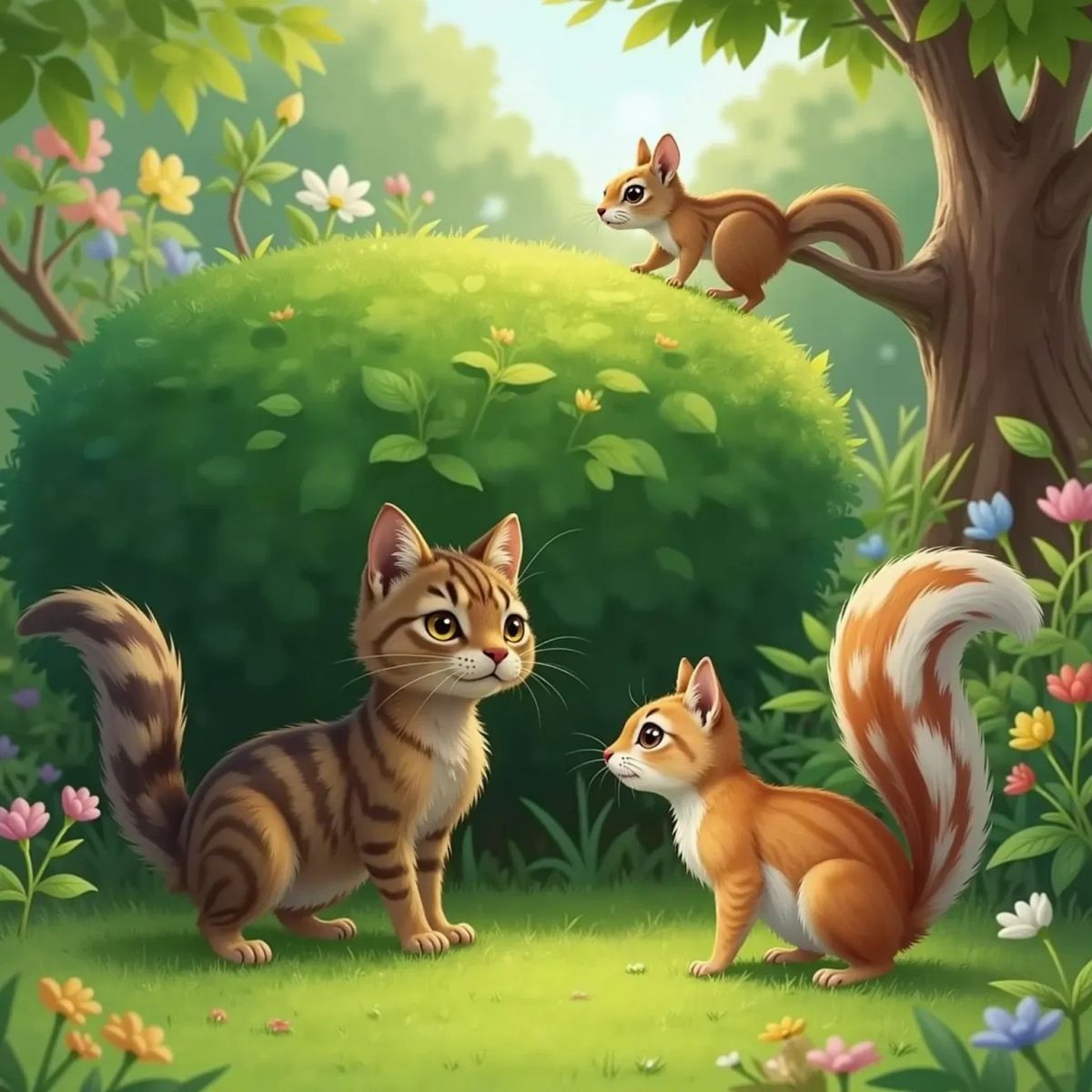 Rippy, the brown-striped cat, and Sunny, the orange and white cat, sniffing around bushes in the garden. A startled squirrel is visible nearby. Both cats appear playful and amused.