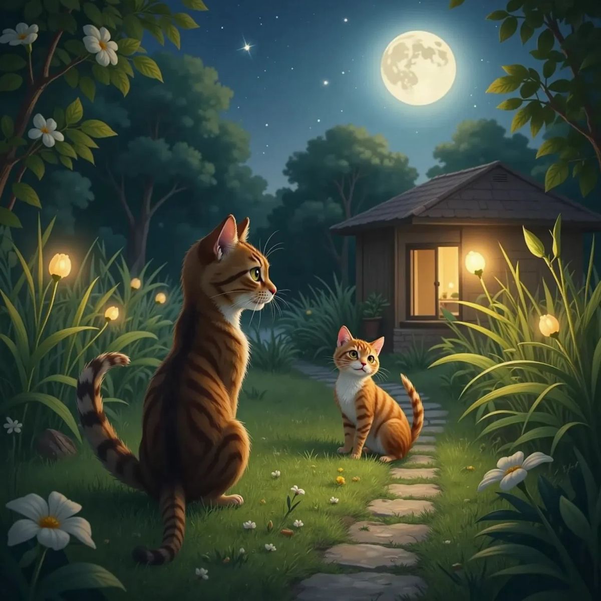 Rippy and Sunny in a nighttime garden, surrounded by tall grass and glowing fireflies. Rippy looks back at the house with a sad expression while Sunny looks excited.