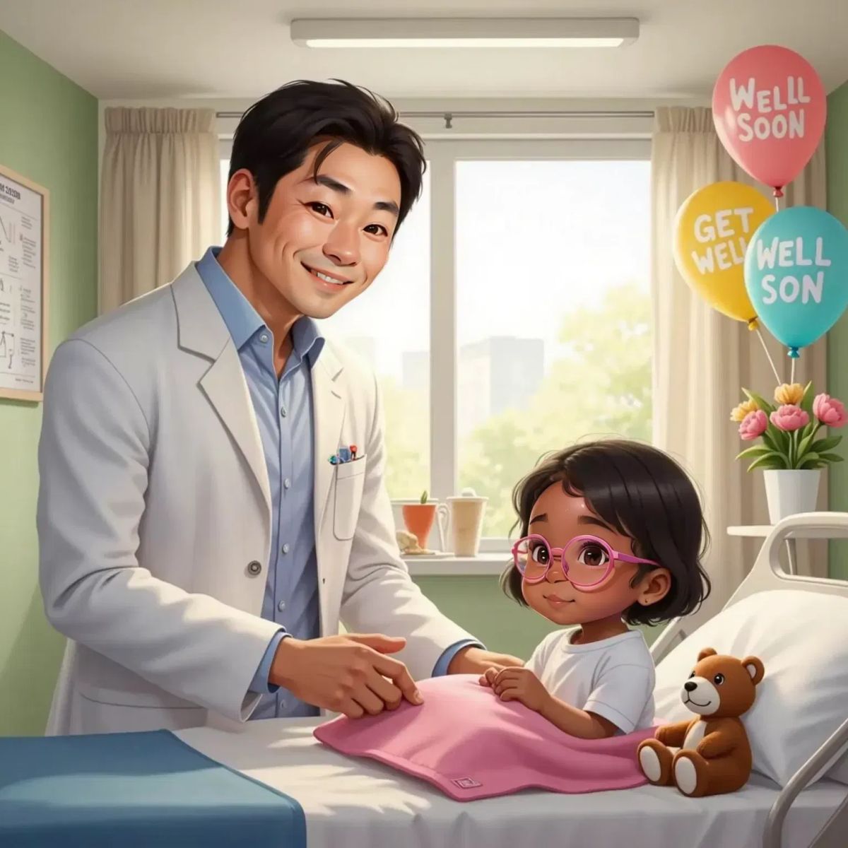 Doctor Lee, a 40-year-old Asian man with glasses and a white coat, stands in a sunny hospital room, smiling and gesturing toward Yurii. Yurii, eyes sparkling with excitement, sits on the hospital bed holding a soft pink blanket.