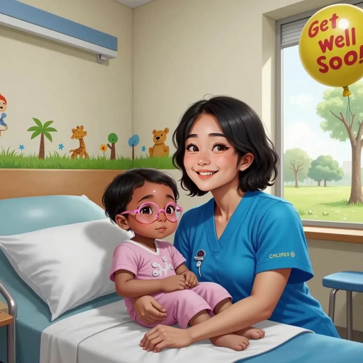 Yurii smiling and giggling in a bright hospital room, sitting on a hospital bed. Nurse Maya, a 32-year-old woman with short black hair in blue scrubs, waves cheerfully nearby. Yurii's mom, an Asian woman with long dark hair, holds Yurii close, both smiling warmly.