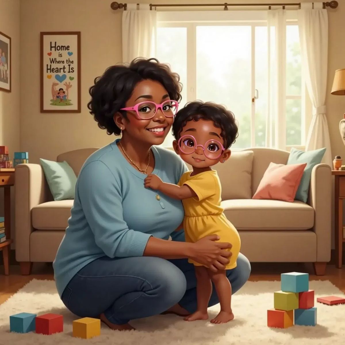 Yurii hugging her mom in a cozy living room, both smiling with pride and joy. Colorful blocks stacked on the carpet nearby. Warm sunlight fills the room, creating a loving and hopeful atmosphere.