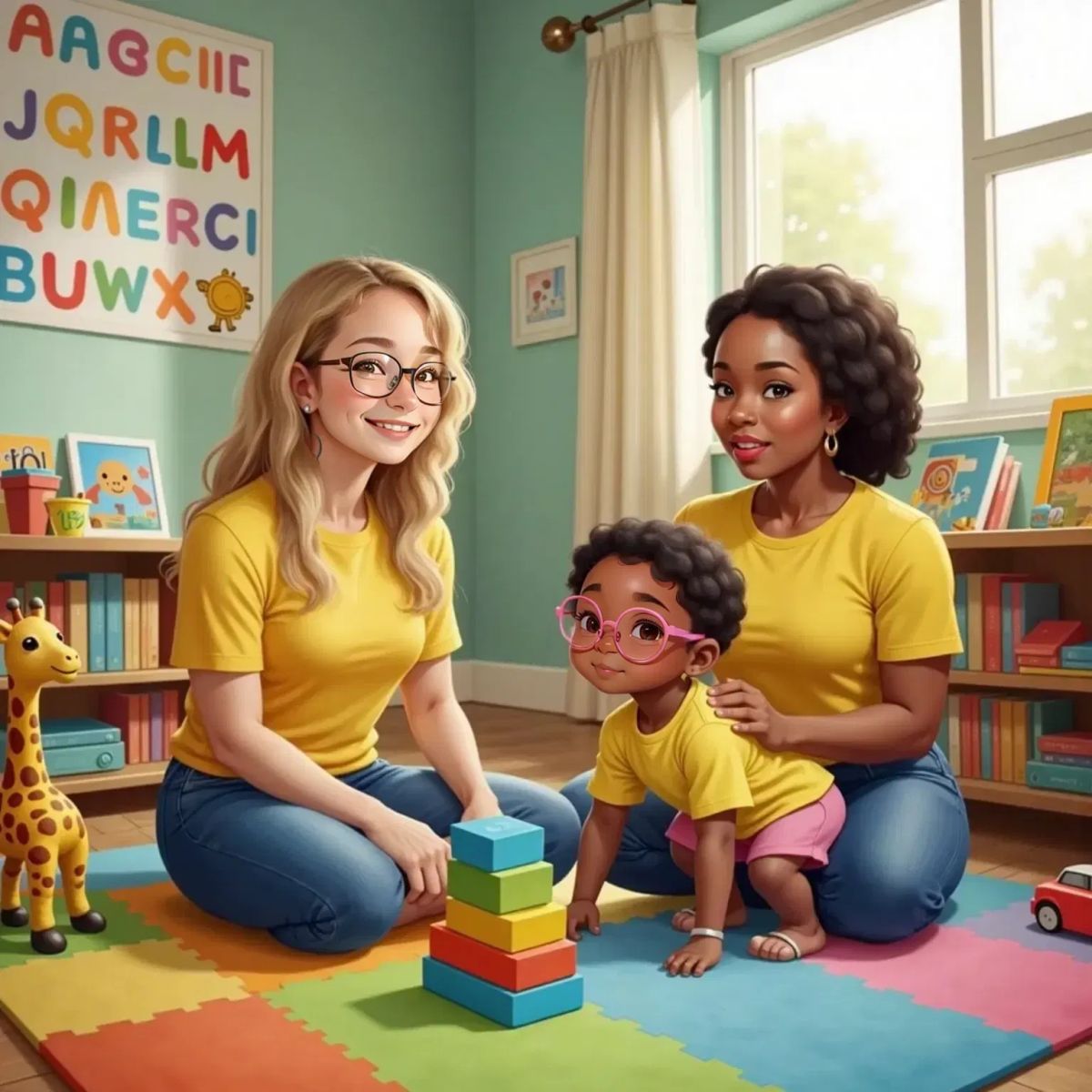 Ms. Hope, a 29-year-old Black woman with curly hair and a bright smile, sits on a colorful play mat with Yurii. Yurii crawls toward a stack of colorful blocks, grinning. The room is cheerful and filled with toys.