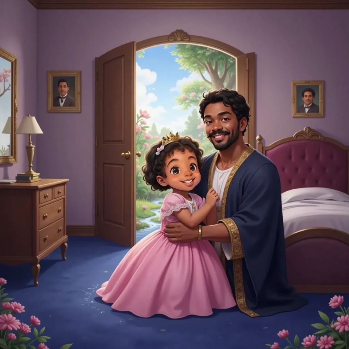 Princess Tahailia with a joyful expression cuddling with smiling King Terry in a softly lit bedroom. A glowing door shimmers nearby, revealing a magical meadow with silver light beyond.